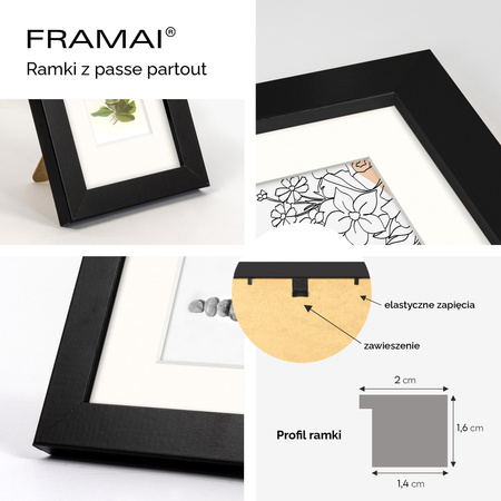 Ramka czarna HEN PASS 2 z passe-partout – rozmiar 21x29,7 cm (okienko 15x21 cm)
