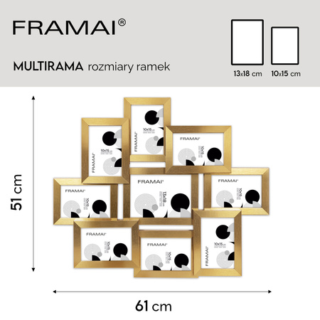 Multirama na 9 zdjęć MULTI HEN Z ramka na zdjęcia w kolorze złotym
