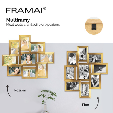 Multirama na 9 zdjęć MULTI HEN Z ramka na zdjęcia w kolorze złotym