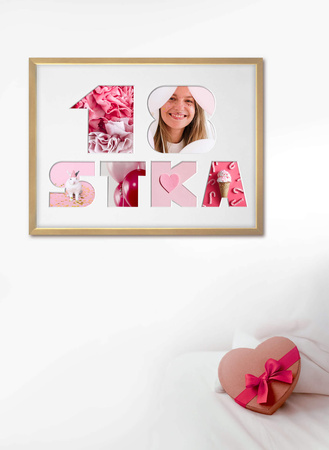 Ramka na 18-ste urodziny w kolorze naturalnego drewna. Ramka z passe partout o rozmiarze 30x40 cm