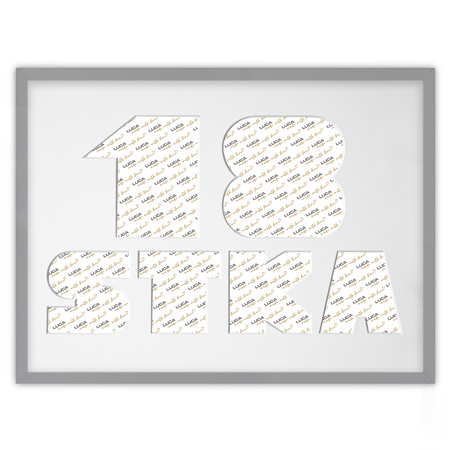 Ramka na 18-ste urodziny w kolorze szarym. Ramka z passe partout o rozmiarze 30x40 cm