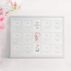 Ramka na zdjęcia PIERWSZY ROCZEK DZIECKA - DZIEWCZYNKA. Ramka z passe partout o rozmiarze 30x40 cm kalendarz